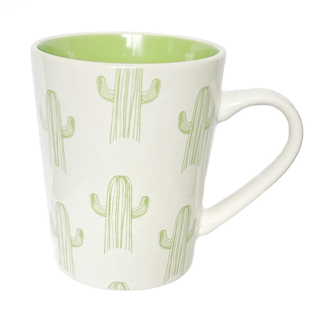 Canvas Porcelain Ceramic Cactus Coffee Mug White Lime Green Tea Desert Plant Cup